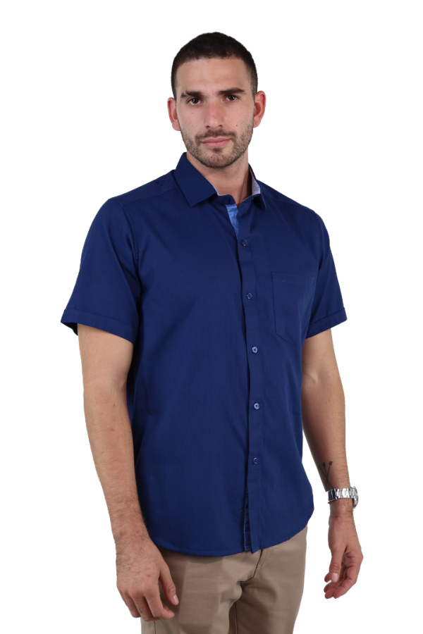 Camisa Manga Corta Con Bolsa Azul Plúmbago Slim Fit De Algodón Para Hombre